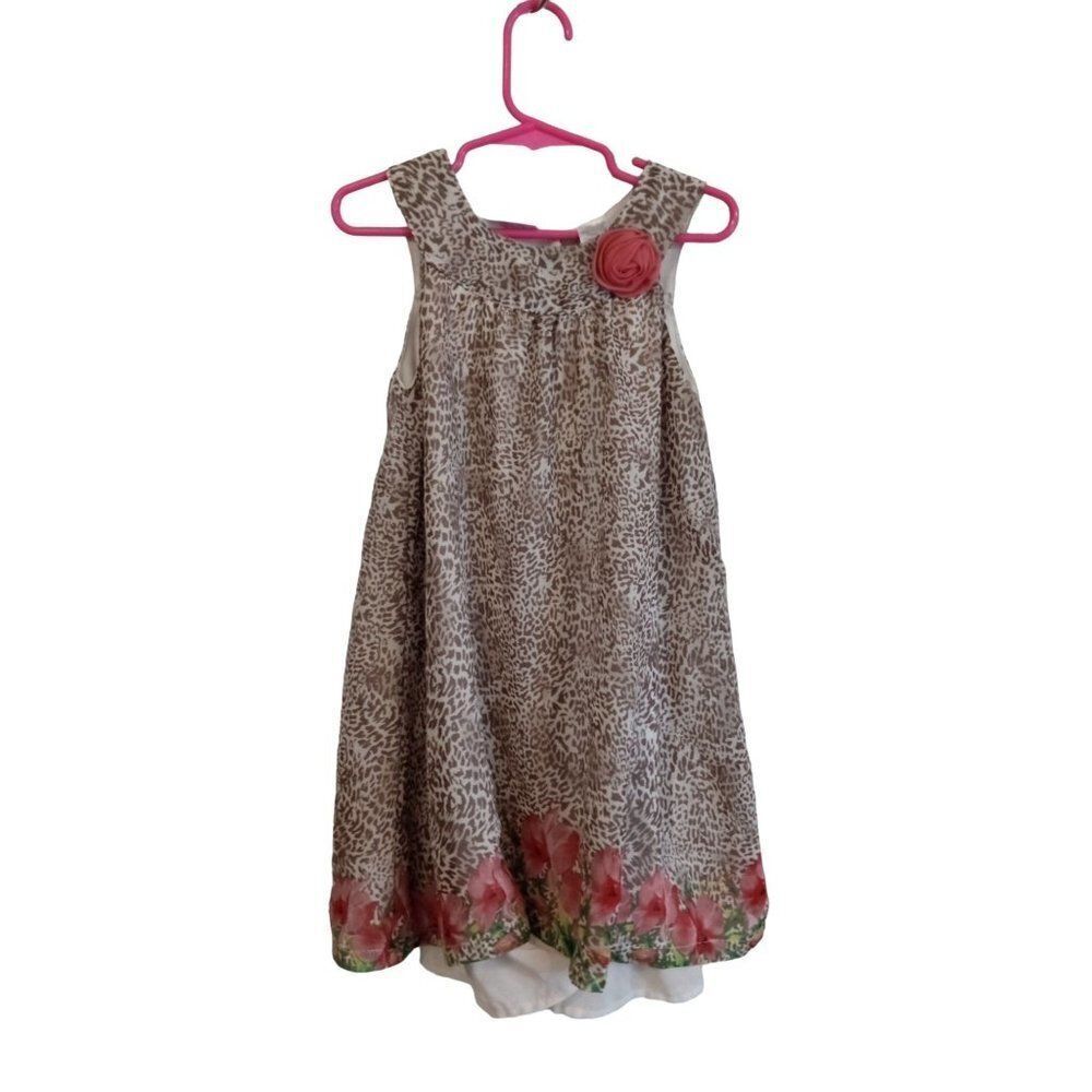 Blueberi Boulevard Girls Leopard Floral Dress with Rosette | Size 6 | EUC
